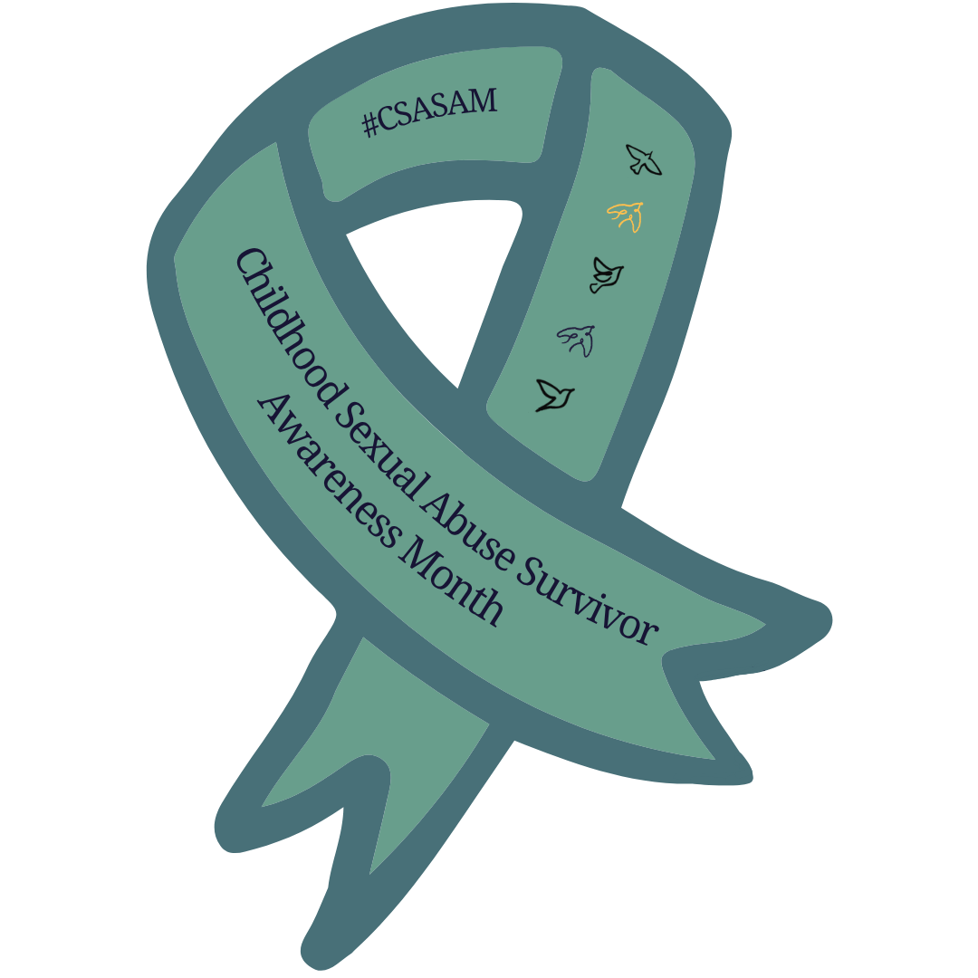 A ribbon sticker in the color green. There are 5 birds, one in the color gold to accentuate the prevalence of CSA (1 in 5 people.) Childhood Sexual Abuse Survivor Awareness Month is written on the sticker.